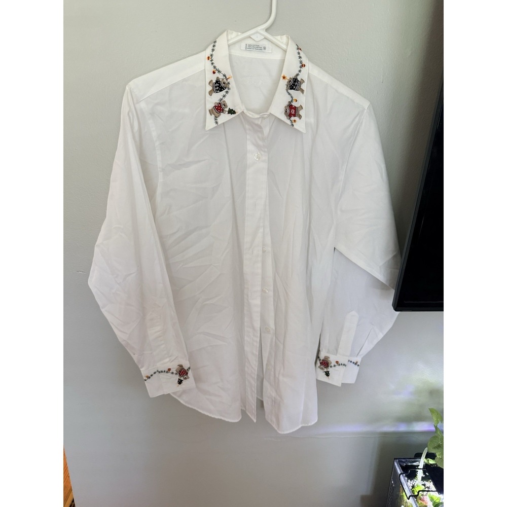 Foxcroft White Embroidered Button Down Shirt Teddy Bear Trim Long Sleeve Size 8
